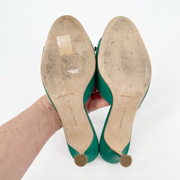 Manolo Blahnik Green Leather Pertinanu Bow Detail Kitten Heel Mules IT 37 - Picture 9 of 10